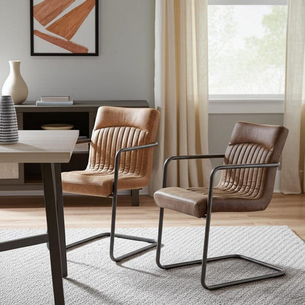 HomeRoots Set of Two Elegant Brown Leather & Iron Dining Arm Chairs for Versatile Home Comfort & Style 527912