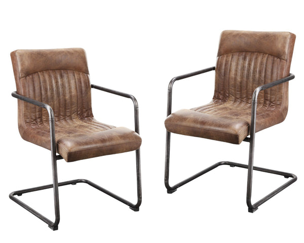 HomeRoots Set of Two Elegant Brown Leather & Iron Dining Arm Chairs for Versatile Home Comfort & Style 527912