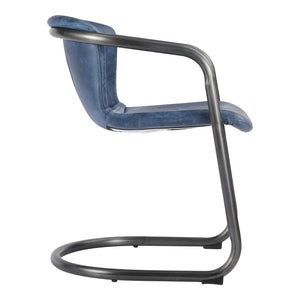 HomeRoots Set of Two Stylish Blue Leather and Black Iron Dining Arm Chairs for Modern Home Décor 527913