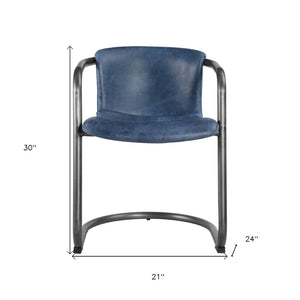 HomeRoots Set of Two Stylish Blue Leather and Black Iron Dining Arm Chairs for Modern Home Décor 527913