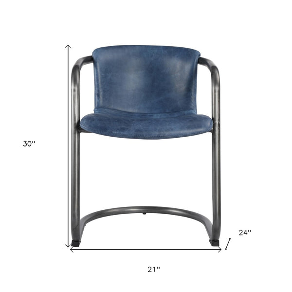 HomeRoots Set of Two Stylish Blue Leather and Black Iron Dining Arm Chairs for Modern Home Décor 527913