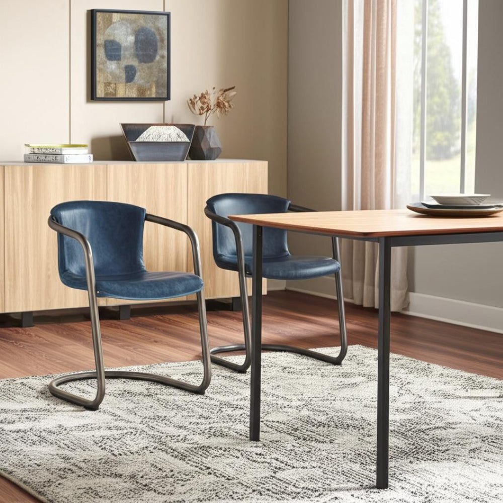 HomeRoots Set of Two Stylish Blue Leather and Black Iron Dining Arm Chairs for Modern Home Décor 527913