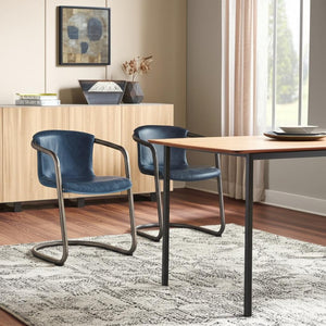 HomeRoots Set of Two Stylish Blue Leather and Black Iron Dining Arm Chairs for Modern Home Décor 527913
