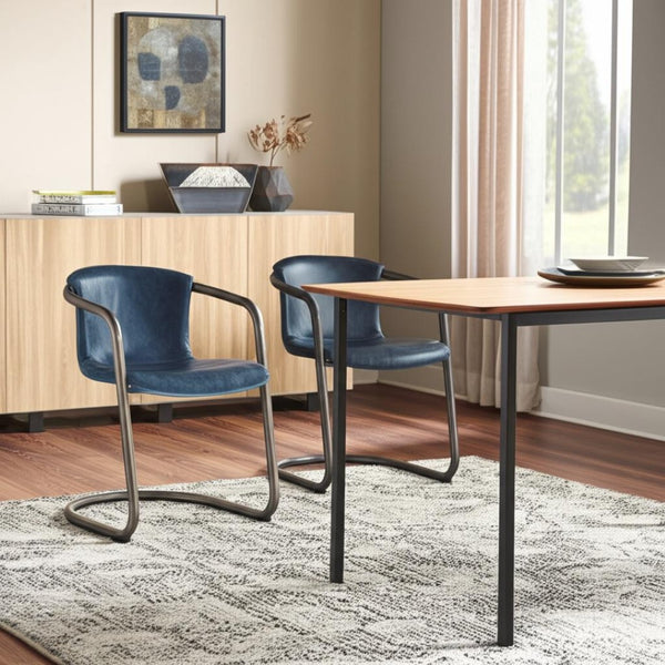 HomeRoots Set of Two Stylish Blue Leather and Black Iron Dining Arm Chairs for Modern Home Décor 527913