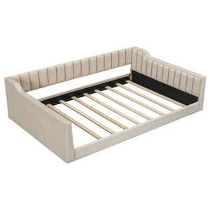 English Elm Full XL Upholstered Daybed with Velvet Channel Tufting, Tapered Dowel Legs & Side Storage Pocket Beige DL002211AAA