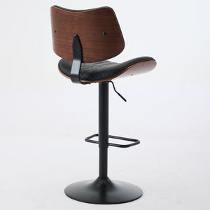 English Elm Walnut Bentwood Bar Stool with Faux Leather Seat, Ergonomic Large Cushion, 360° Swivel Base Black W1143P278537