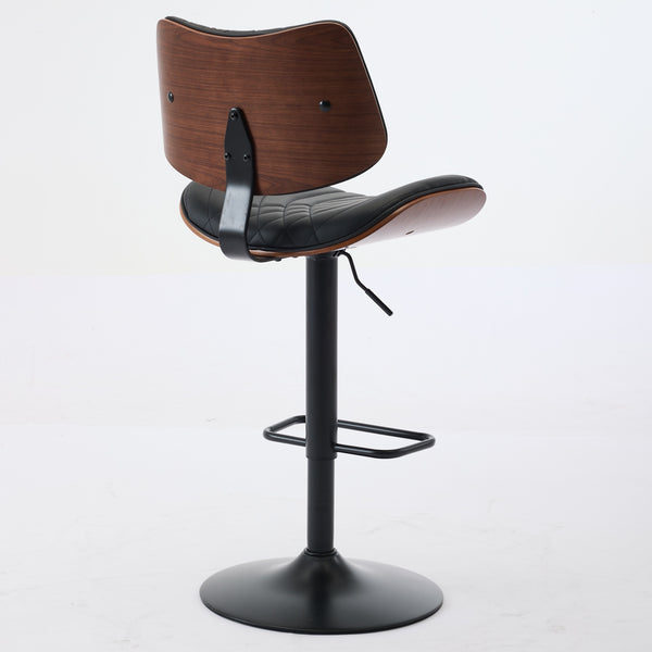 English Elm Walnut Mid-Century Bentwood Swivel Bar Stool — Ergonomic Faux Leather Seat, Wide Stable Base Black PU W1143P173514