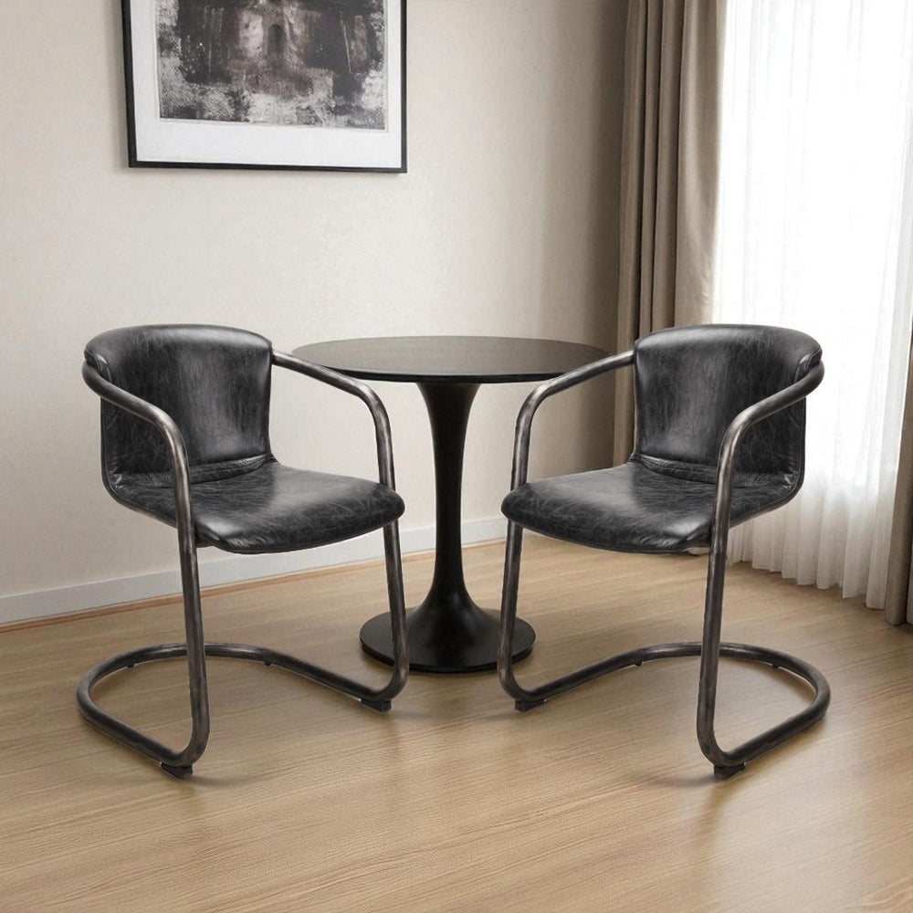 HomeRoots Set of Two Onyx and Silver Upholstered Leather Dining Arm Chairs for Stylish Comfort & Versatility 527941