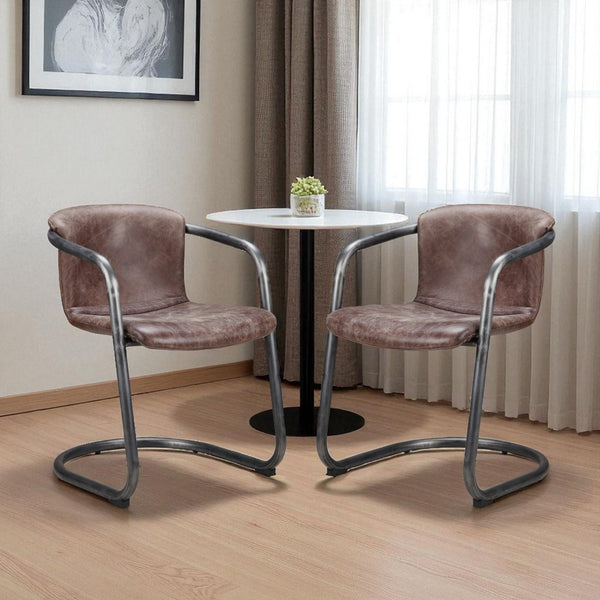 HomeRoots Set of Two Stylish Brown and Silver Upholstered Leather Dining Arm Chairs for Modern Spaces 527942