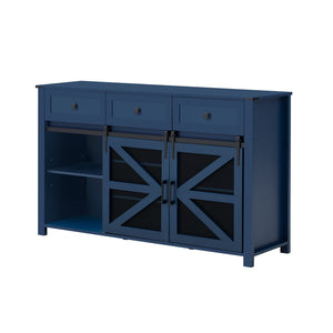 English Elm U_style Industrial Sideboard with Sliding Barn Doors Iron Mesh Panels and Three Drawers Navy Blue N711P347384V