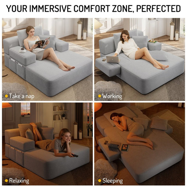 English Elm Luxurious Corduroy Convertible Chaise Lounge Sofa Bed with Foam Support for Apartments Light Grey W3219P449013