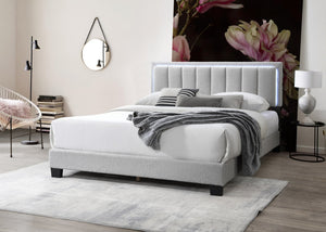 English Elm Light Gray Wool Upholstered Queen Platform Bed with Channel Tufted LED Headboard, Modern Plush Design, No Box Spring Needed B011P238969