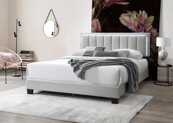 English Elm Light Gray Wool Upholstered Queen Platform Bed with Channel Tufted LED Headboard, Modern Plush Design, No Box Spring Needed B011P238969