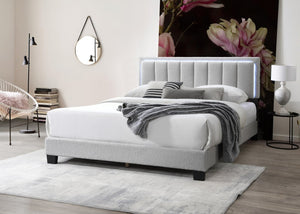 English Elm 1pc Full Upholstered Platform Bed Wool Fabric Channel Tufted Headboard with Led Lighting Light Gray B011P417511