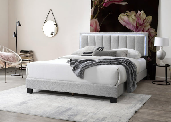 English Elm 1pc Full Upholstered Platform Bed Wool Fabric Channel Tufted Headboard with Led Lighting Light Gray B011P417511