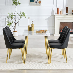 English Elm Table and Chair Set Marble Glass Top Gold Legs with Four Pu Leather Dining Seats W1151S04634