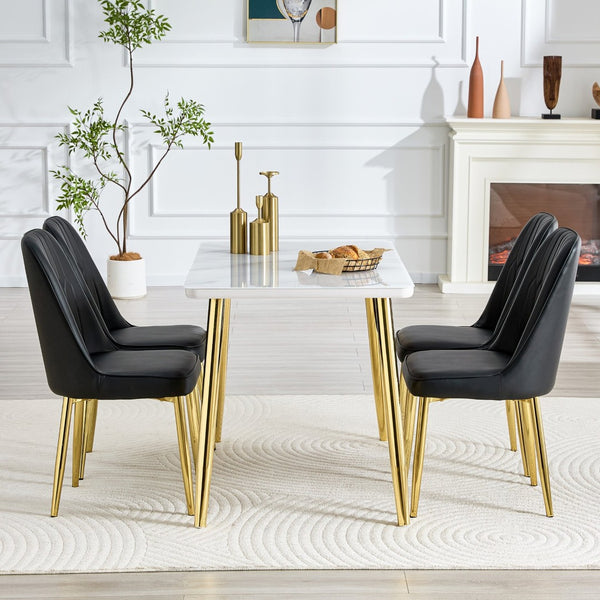 English Elm Table and Chair Set Marble Glass Top Gold Legs with Four Pu Leather Dining Seats W1151S04634