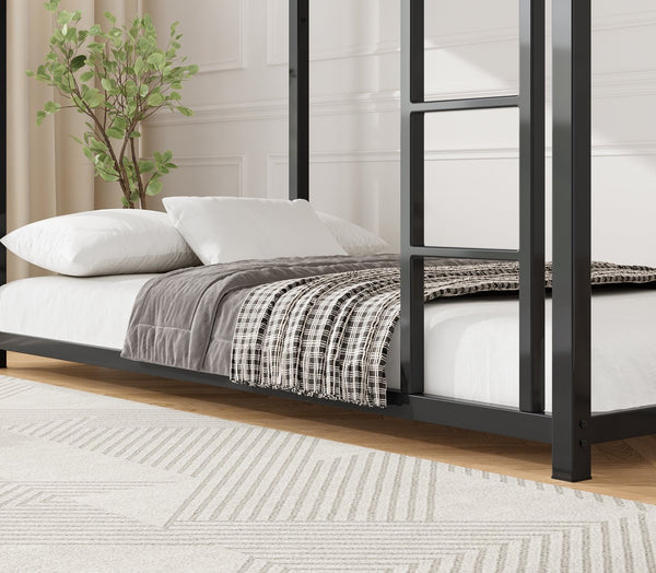 English Elm Twin Low Profile Metal Bunk Bed with Ladder, Black Steel Frame, Guardrail Safety, Easy Assembly, Durable W2904P372194