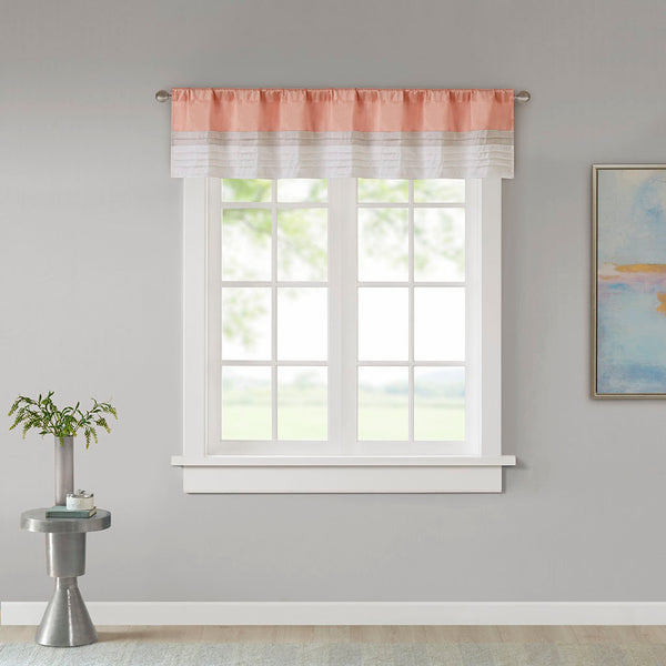 JLA Home Madison Park - Polyoni Pintuck Valance with Lined Color‑Block Stripes for Soft Light Diffusion and Tailored Texture Coral MP41-4376