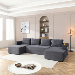 English Elm 132" Modular U-shaped Corduroy Sectional with Deep Seat Foam Cupholders Living Room Grey W1117S00417