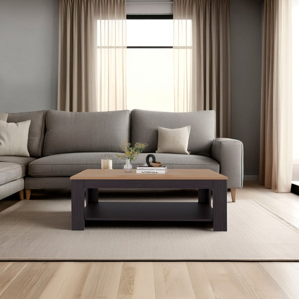 English Elm Rectangular Modern Coffee Table with Lower Shelf in Wenge & Oak Finish, 47.2" Wide, Versatile Decor B128P375312