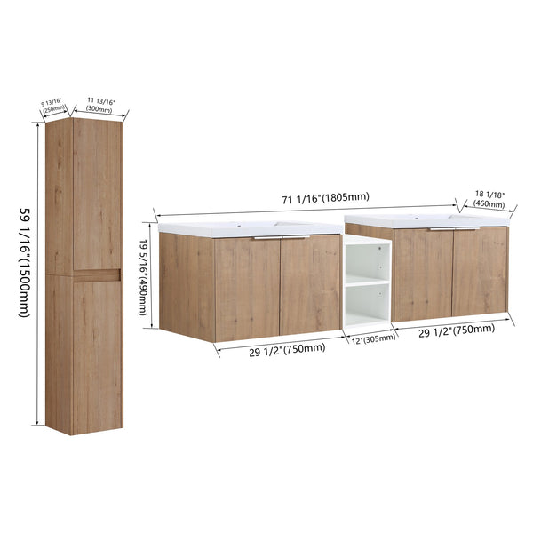 English Elm 72" Modern Wall-Mounted Bathroom Vanity Set With Soft-Close Doors, Resin Sinks & Extra Storage Space W999S00232