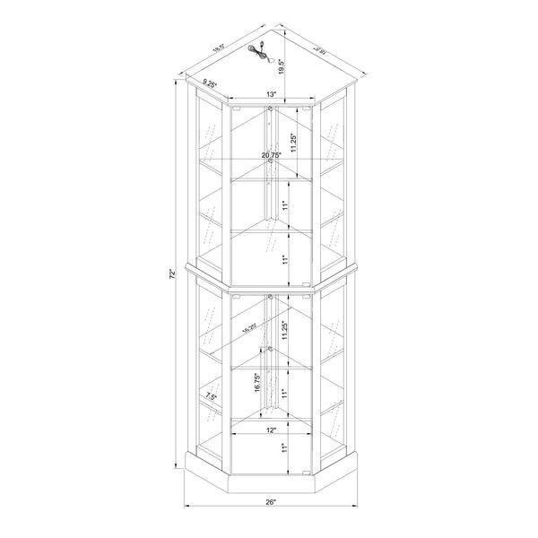 English Elm 6 Shelf Corner Curio Cabinet with Interior Lighting, Mirrored Back, Glass Shelves for Displays Oak W1693P165029
