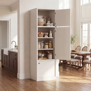 English Elm Tall Slim Freestanding Pantry Cabinet with Adjustable Shelves and Drawer for Small Spaces White B2764P483843