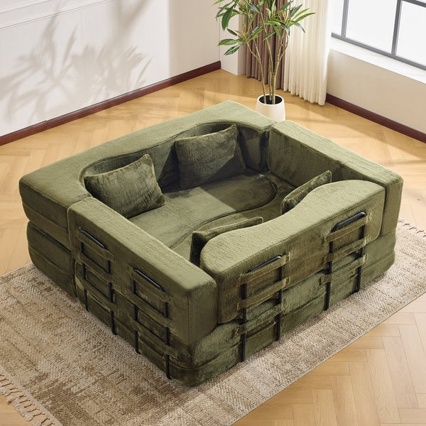 English Elm 71-inch folding sofa bed with plush fur cover, high-density foam futon sleeper, modern modular comfort Green W1829S00066