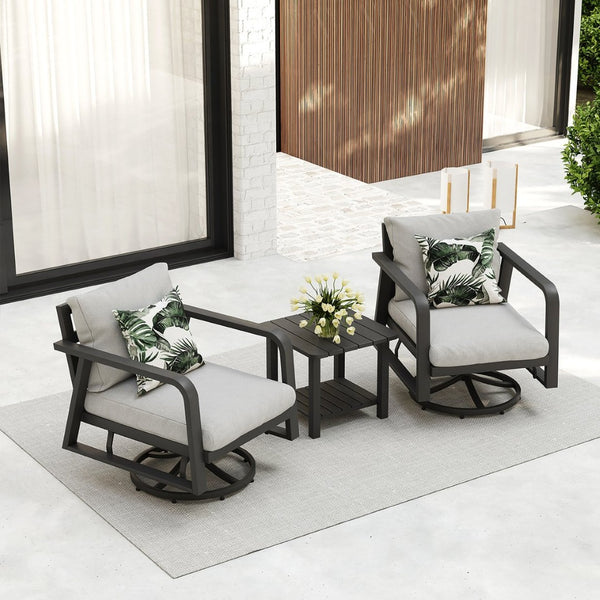 English Elm Fr Outdoor Swivel Rocker Set with Memory Foam Cushions and Aluminum Side Table T5925S00013