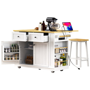 English Elm K&K 48in Kitchen Island Set with 2 Stools, Built-In Power Station, Drop Leaf & Ample Storage Space White N707S000015W