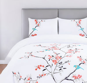 Homeroots Coral And White Queen 100% Cotton 200 Thread Count Washable Duvet Cover Set  Cotton 528103