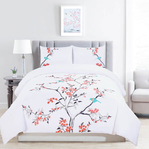 Homeroots Coral And White Queen 100% Cotton 200 Thread Count Washable Duvet Cover Set  Cotton 528103