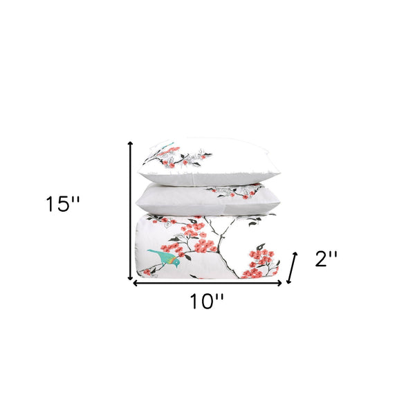 Homeroots Coral And White Queen 100% Cotton 200 Thread Count Washable Duvet Cover Set  Cotton 528103