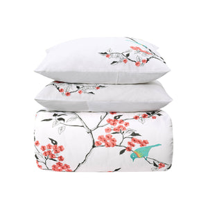 Homeroots Coral And White Queen 100% Cotton 200 Thread Count Washable Duvet Cover Set  Cotton 528103