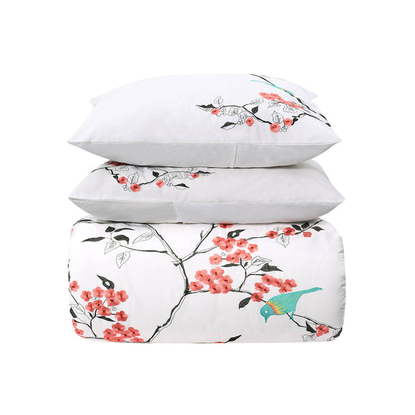 Homeroots Coral And White Queen 100% Cotton 200 Thread Count Washable Duvet Cover Set  Cotton 528103