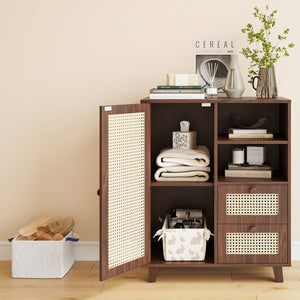 English Elm Rattan Cane Front Sideboard with Drawers Adjustable Shelf Bohemian Storage Cabinet Walnut T3623P434733