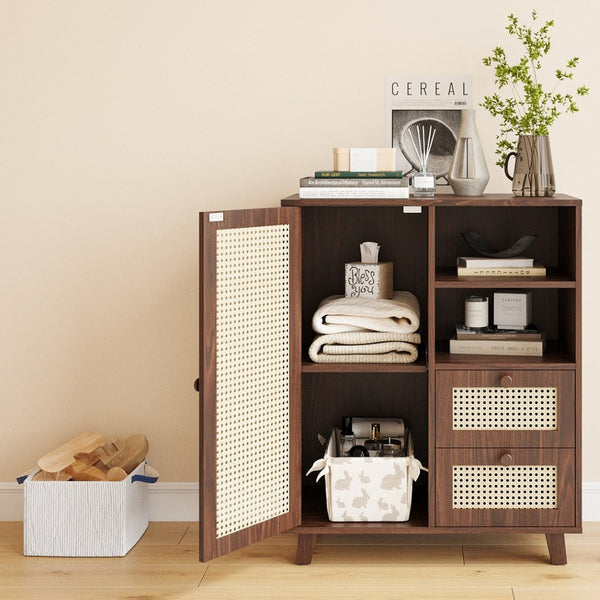 English Elm Rattan Cane Front Sideboard with Drawers Adjustable Shelf Bohemian Storage Cabinet Walnut T3623P434733