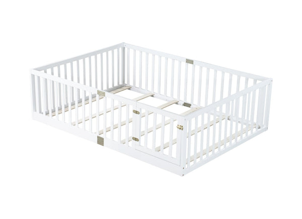 English Elm Twin Floor Bed Solid Rubber Wood with Tall Safety Railings for Toddler Sleep White W504P287658