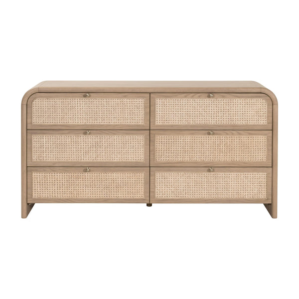 Essentials for Living Cannes Solid Oak Double Dresser with Cane Inlay Drawers and Brass Knobs 5282.NAT-OAK