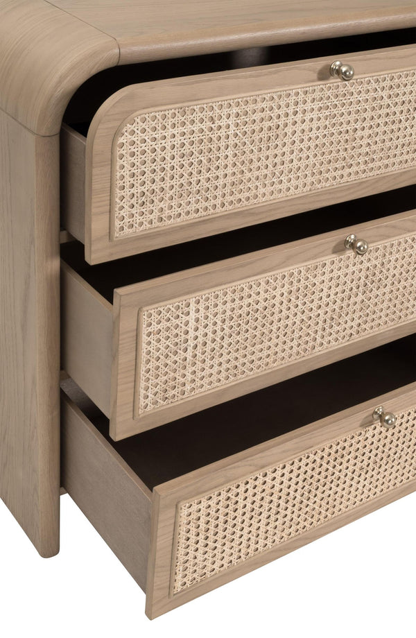 Essentials for Living Cannes Solid Oak Double Dresser with Cane Inlay Drawers and Brass Knobs 5282.NAT-OAK