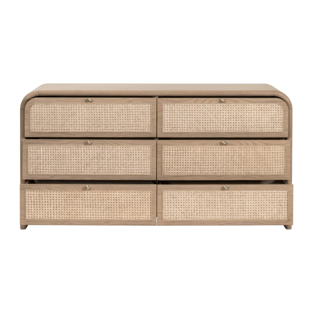 Essentials for Living Cannes Solid Oak Double Dresser with Cane Inlay Drawers and Brass Knobs 5282.NAT-OAK