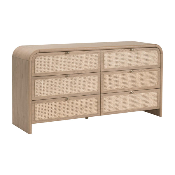 Essentials for Living Cannes Solid Oak Double Dresser with Cane Inlay Drawers and Brass Knobs 5282.NAT-OAK