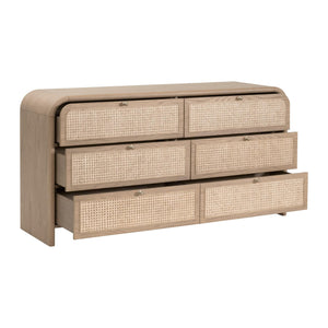 Essentials for Living Cannes Solid Oak Double Dresser with Cane Inlay Drawers and Brass Knobs 5282.NAT-OAK