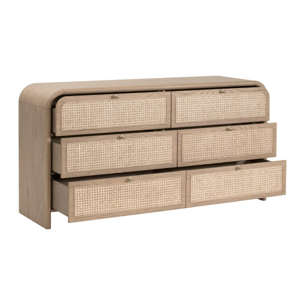 Essentials for Living Cannes Solid Oak Double Dresser with Cane Inlay Drawers and Brass Knobs 5282.NAT-OAK