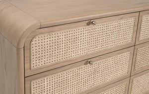 Essentials for Living Cannes Solid Oak Double Dresser with Cane Inlay Drawers and Brass Knobs 5282.NAT-OAK