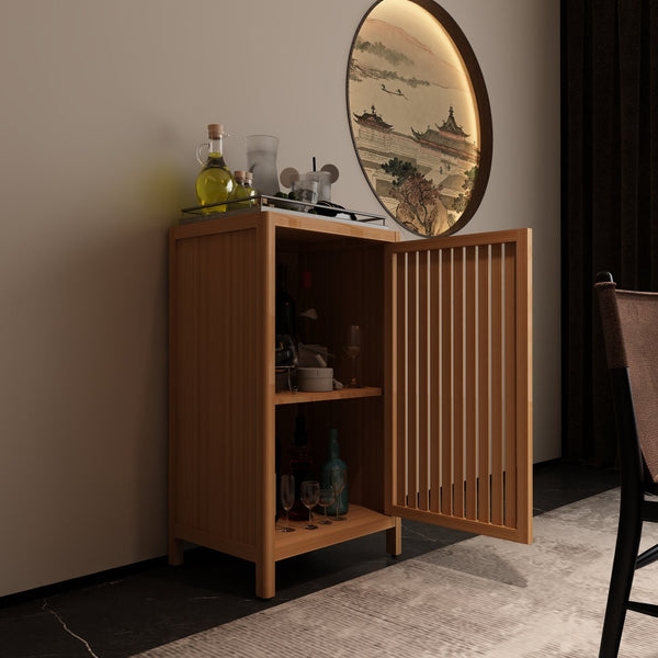 English Elm Bathroom Bamboo Storage Cabinet – Slim Freestanding Natural Wood Cabinet with Door & Shelf for Multifunctional Space Saving Use W2207P198047