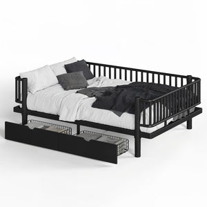 English Elm Full Size Metal Platform Storage Bed Low Profile Steel Frame with Built-in Drawers Black W5305P471350