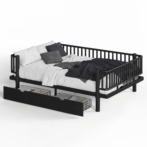 English Elm Full Size Metal Platform Storage Bed Low Profile Steel Frame with Built-in Drawers Black W5305P471350