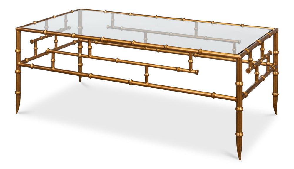 Sarreid Faux Bamboo Metal Coffee Table 48" - Elegant Gold Antique Finish With Durable Glass Top Design Gold  52851